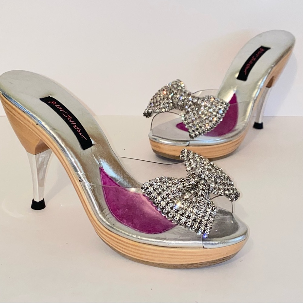 Vintage Betsey Johnson Polly Mules Rhinestone Bow Wood Heel Pin Up - Picture 1 of 14